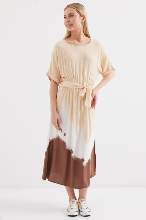 Merterium 2504 Desenli Kısa Kol Viskon Elbise - Krem