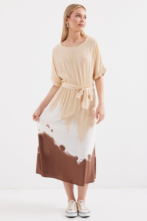 Merterium 2504 Desenli Kısa Kol Viskon Elbise - Krem