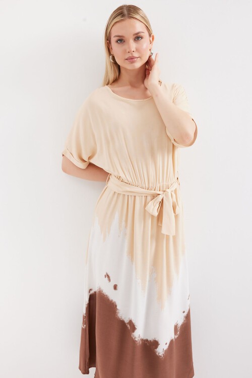 Merterium 2504 Desenli Kısa Kol Viskon Elbise - Krem