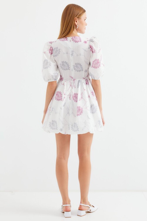 Merterium 2506 Desenli V Yaka Mini Kloş Elbise - Ekru