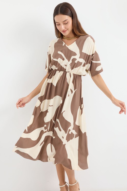 Merterium 2511 Beli Lastikli Desenli Elbise - Kahverengi