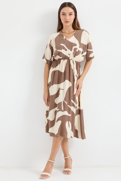Merterium 2511 Beli Lastikli Desenli Elbise - Kahverengi
