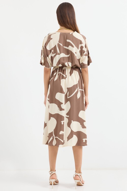 Merterium 2511 Beli Lastikli Desenli Elbise - Kahverengi