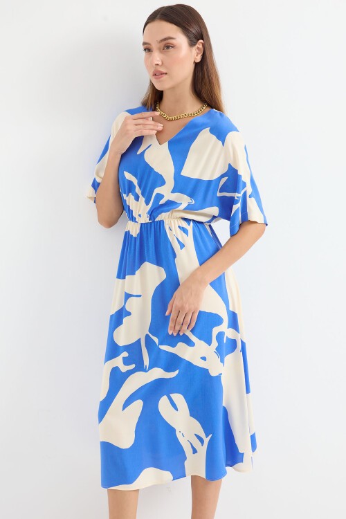 Merterium 2511 Beli Lastikli Desenli Elbise - Mavi