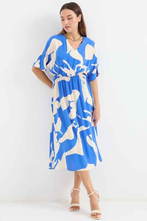 Merterium 2511 Beli Lastikli Desenli Elbise - Mavi