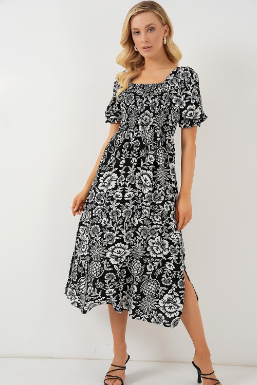 Merterium 2512 Desenli Yırtmaçlı Elbise - D. Siyah