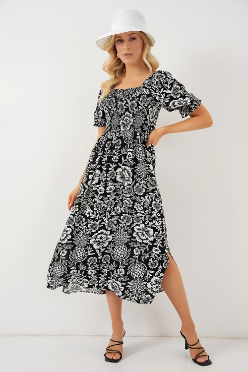 Merterium 2512 Desenli Yırtmaçlı Elbise - D. Siyah