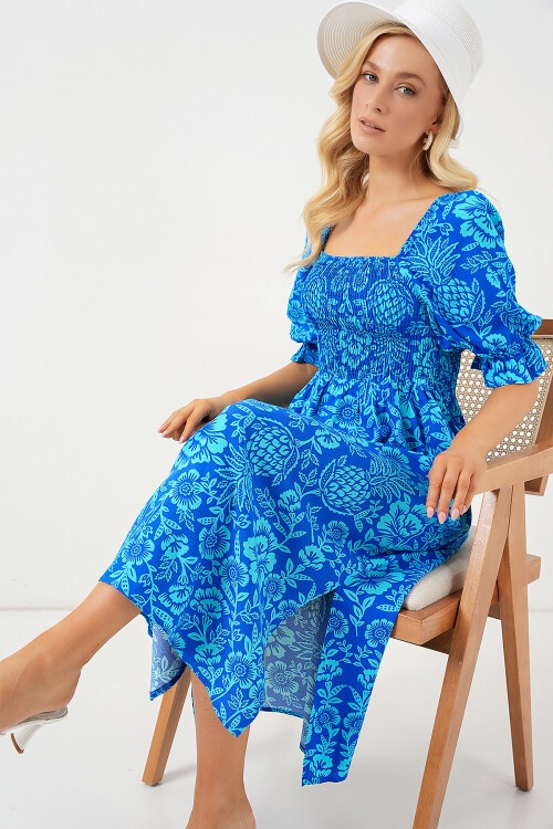 Merterium 2512 Desenli Yırtmaçlı Elbise - Mavi