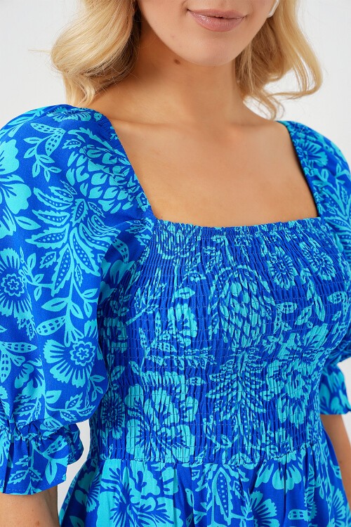 Merterium 2512 Desenli Yırtmaçlı Elbise - Mavi