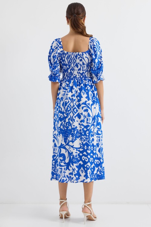 Merterium 2512 Desenli Yırtmaçlı Elbise - Saks