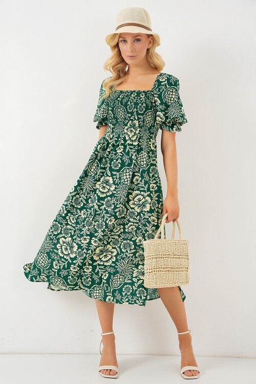 Merterium 2512 Desenli Yırtmaçlı Elbise - Zümrüt Yeşili