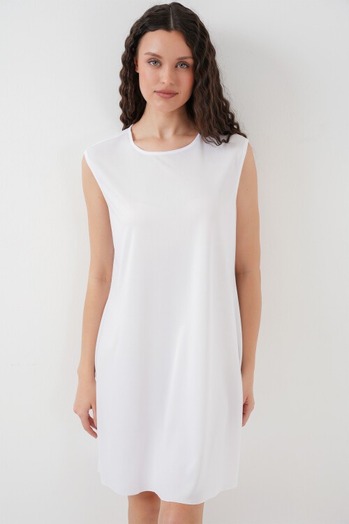 Merterium 2535 Kolsuz Midi Elbise Astarı İçlik Jüpon - Beyaz