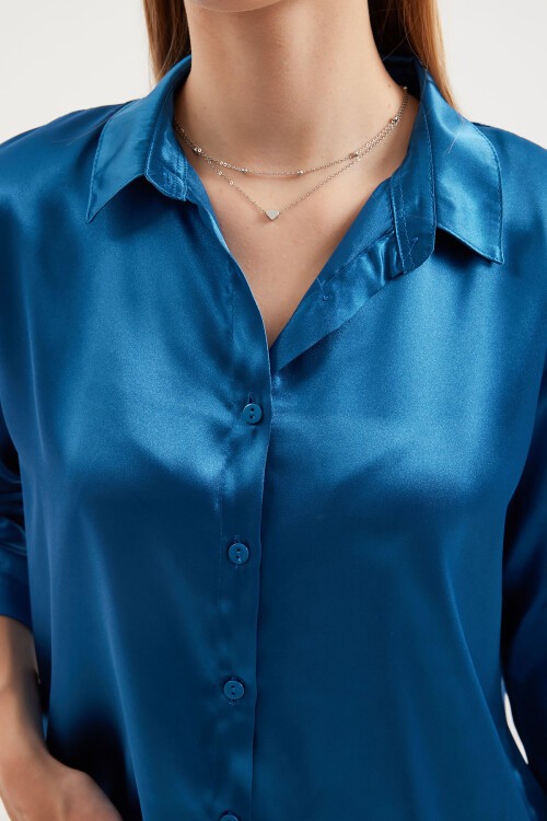 Merterium 3964 Hafif Dökümlü Saten Gömlek - Petrol