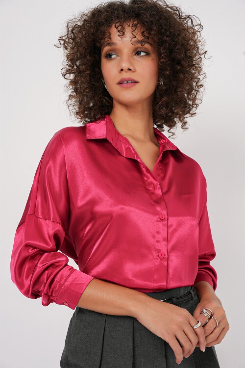 Merterium 3985 Oversize Saten Gömlek - Bordo