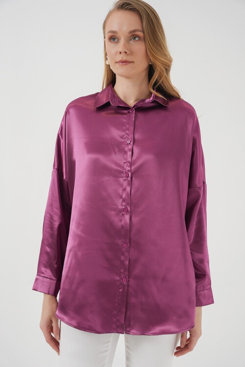 Merterium 3985 Oversize Saten Gömlek - Koyu Lila
