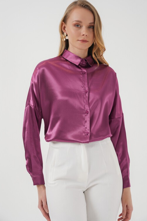 Merterium 3985 Oversize Saten Gömlek - Koyu Lila