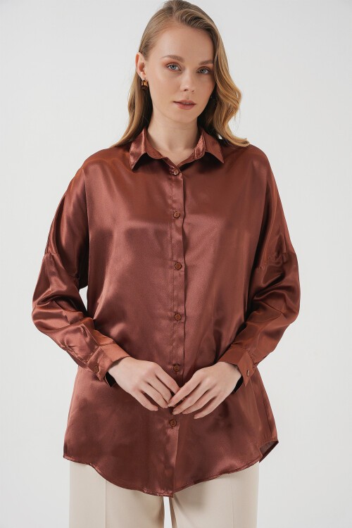 Merterium 3985 Oversize Saten Gömlek - Taba