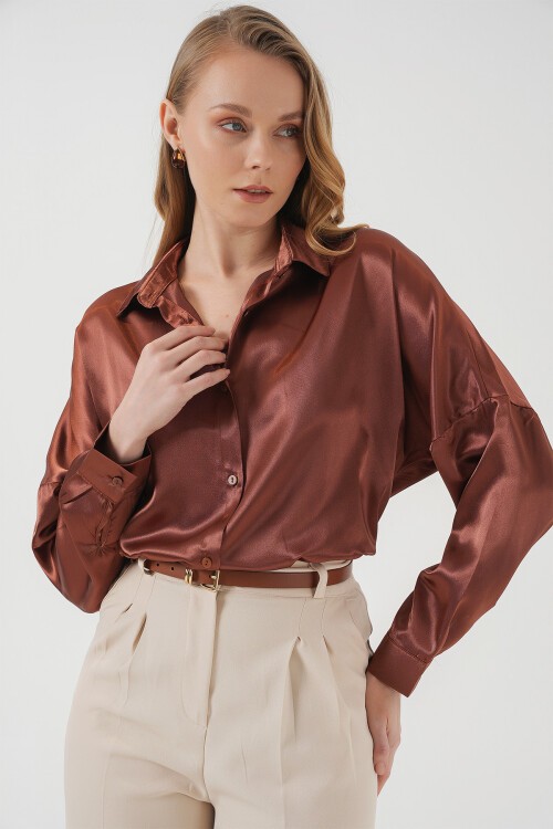 Merterium 3985 Oversize Saten Gömlek - Taba
