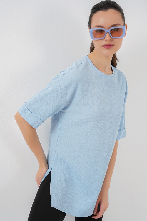 Merterium 4332 Yanı Yırtmaçlı Örme Tişört - Mavi