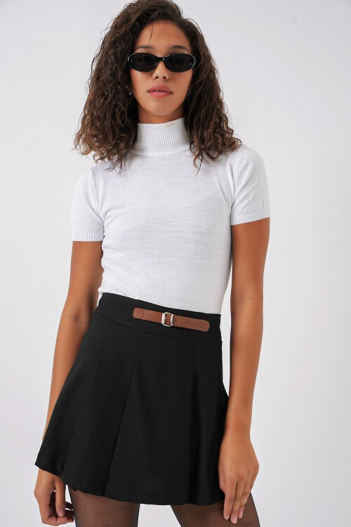 Merterium 4335 Kadın Kemerli Mini Şort Etek - Siyah