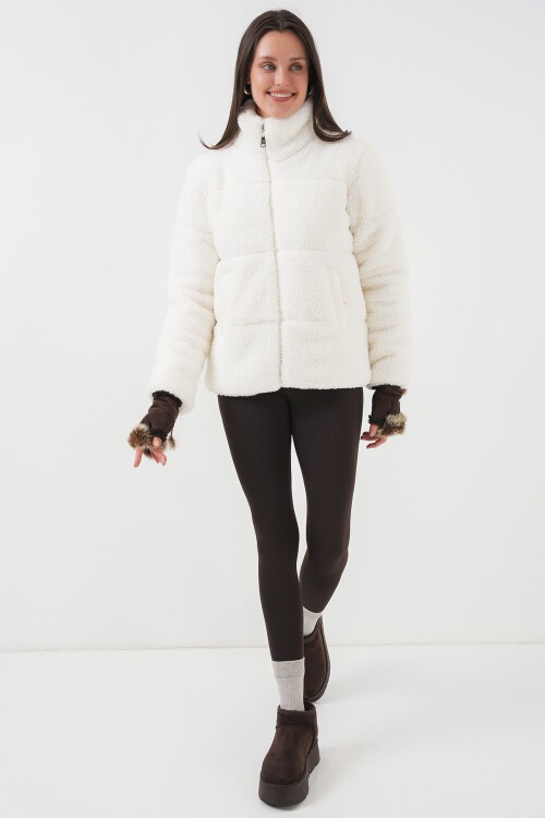 Merterium 5178 Astarlı Peluş Mont - Beyaz