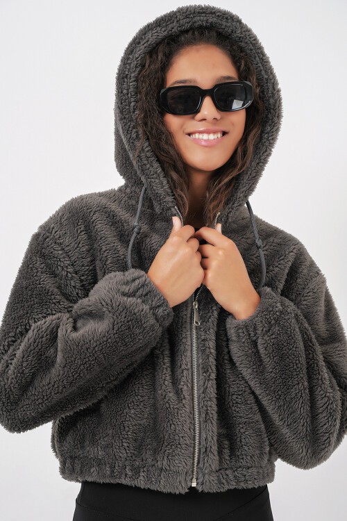 Merterium 5193 Kapüşonlu Peluş Crop Ceket - Antrasit