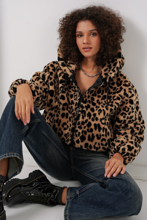 Merterium 5193 Kapüşonlu Peluş Crop Ceket - C. Kahverengi