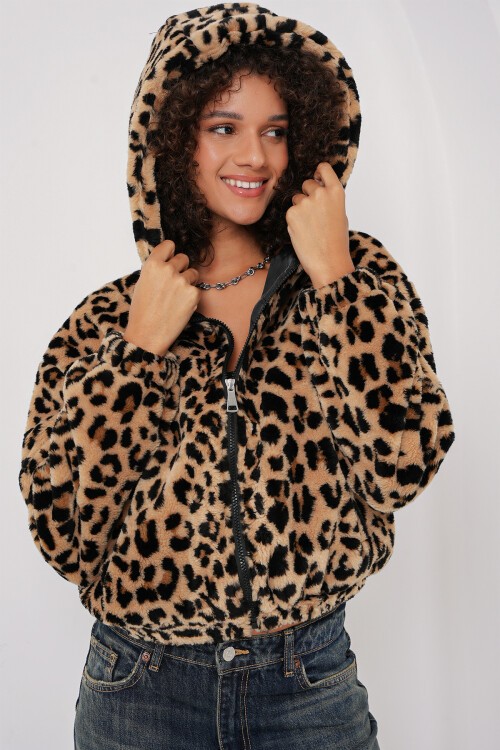 Merterium 5193 Kapüşonlu Peluş Crop Ceket - C. Kahverengi