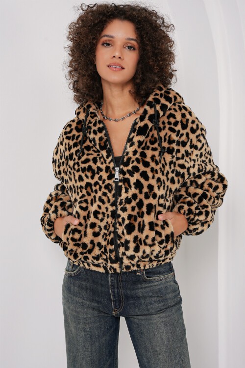 Merterium 5193 Kapüşonlu Peluş Crop Ceket - C. Kahverengi