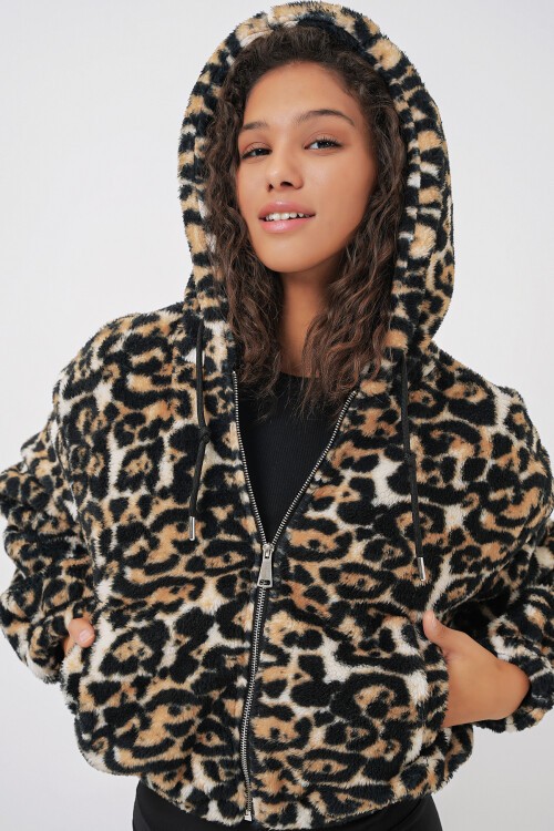 Merterium 5193 Kapüşonlu Peluş Crop Ceket - D.Kahve