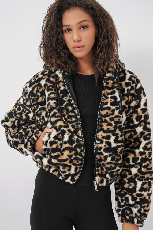 Merterium 5193 Kapüşonlu Peluş Crop Ceket - D.Kahve