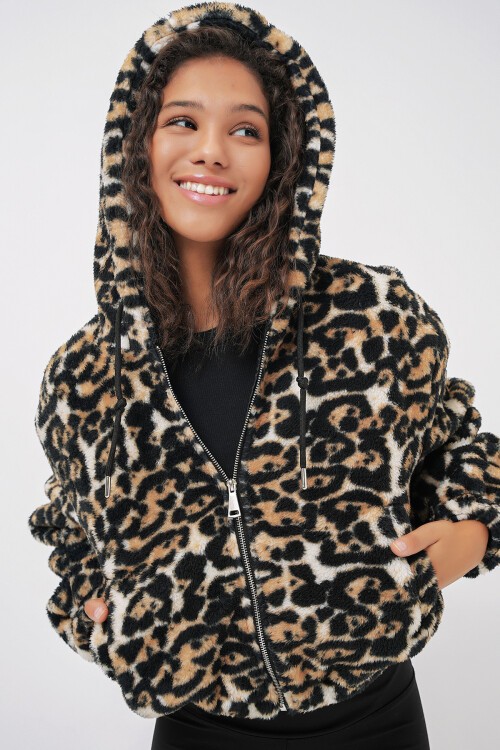 Merterium 5193 Kapüşonlu Peluş Crop Ceket - D.Kahve