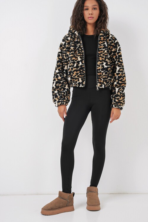 Merterium 5193 Kapüşonlu Peluş Crop Ceket - D.Kahve