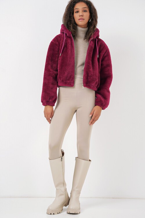Merterium 5193 Kapüşonlu Peluş Crop Ceket - Mürdüm