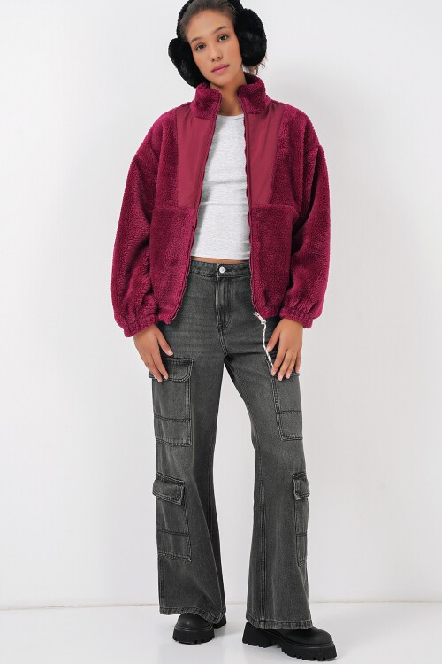 Merterium 5194 Kadın Peluş Mont Ceket - Mürdüm