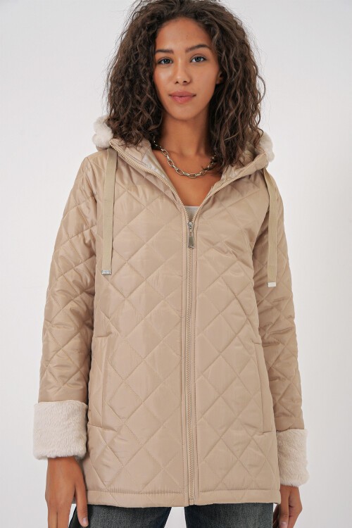 Merterium 5197 Kapüşonlu Kapitone Mont - Bej