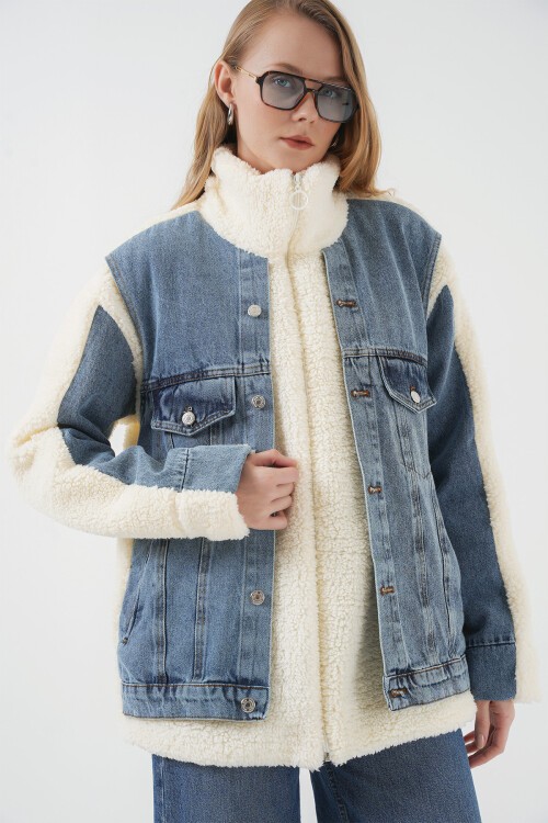 Merterium 5198 Uzun Peluş Kot Mont - Lacivert