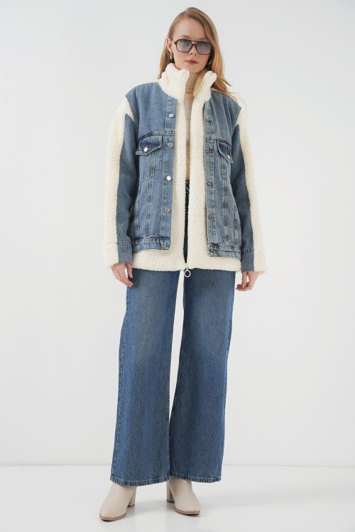 Merterium 5198 Uzun Peluş Kot Mont - Lacivert