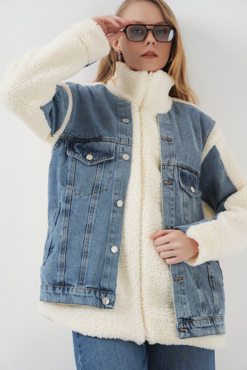 Merterium 5198 Uzun Peluş Kot Mont - Lacivert