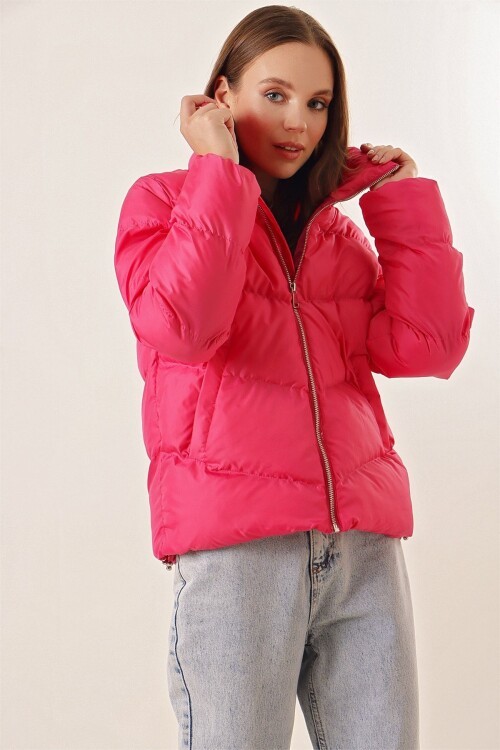 Merterium 5205 Dik Yaka Fermuarlı Şişme Mont - Fuşya