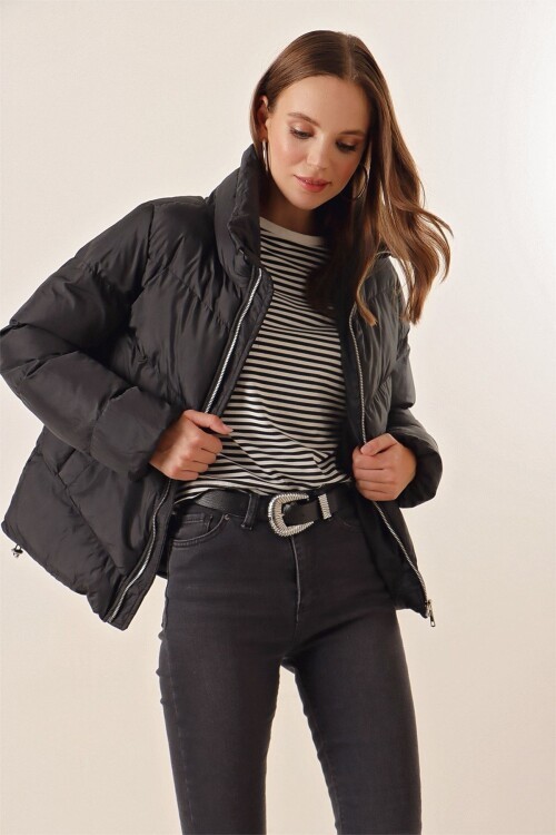 Merterium 5205 Dik Yaka Fermuarlı Şişme Mont - Siyah