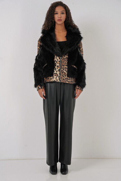 Merterium 5209 Peluş Kürk Mont - Siyah