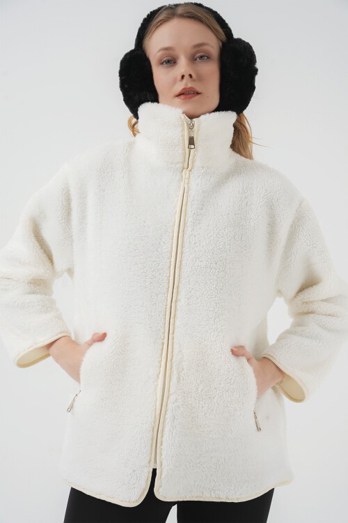 Merterium 5211 Fermuarlı Peluş Mont - Ekru