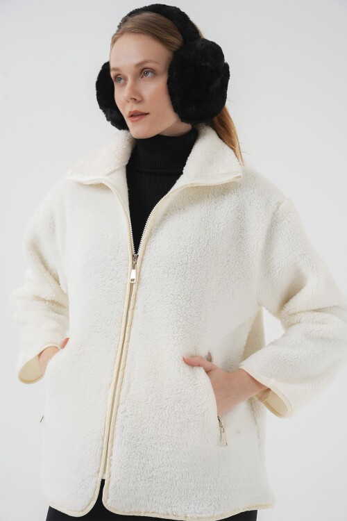Merterium 5211 Fermuarlı Peluş Mont - Ekru
