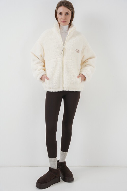 Merterium 5212 Kadın Oversize Peluş Ceket Mont - Ekru