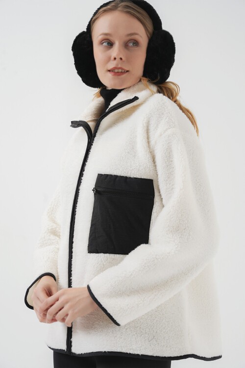 Merterium 55446 Fermuarlı Oversize Peluş Ceket Mont - D. Siyah