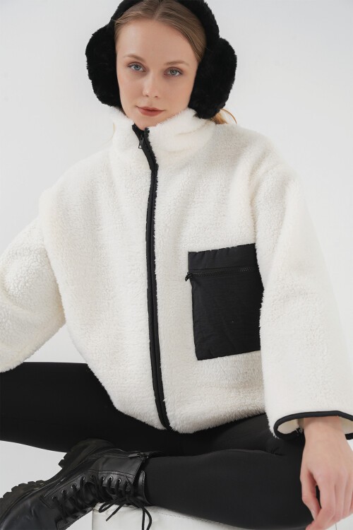 Merterium 55446 Fermuarlı Oversize Peluş Ceket Mont - D. Siyah