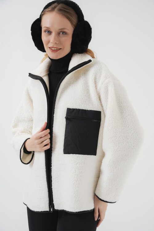 Merterium 55446 Fermuarlı Oversize Peluş Ceket Mont - D. Siyah