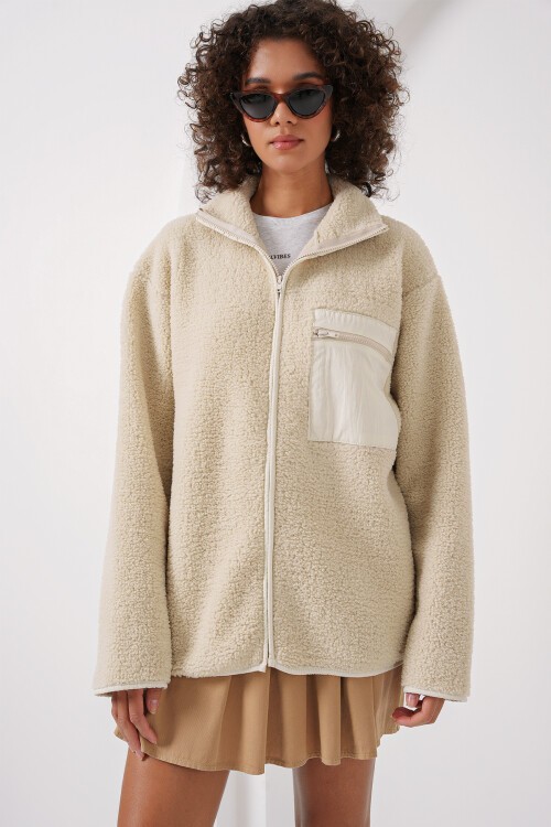 Merterium 55446 Fermuarlı Oversize Peluş Ceket Mont - Krem