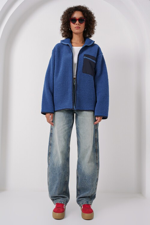 Merterium 55446 Fermuarlı Oversize Peluş Ceket - Saks